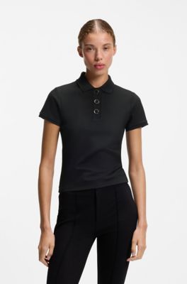 Slim-fit polo shirt with metal buttons, Black