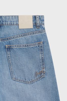 Jean Regular taille haute en denim &agrave; texture crois&eacute;e, Bleu