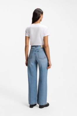 Jean Regular taille haute en denim &agrave; texture crois&eacute;e, Bleu