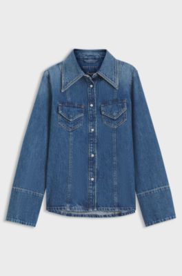 Slim-fit blouse in rigid crosshatch denim, Blue