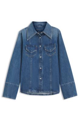 Boss Slim-fit blouse in rigid crosshatch denim blusar dam – bild 4