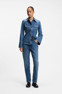 Boss Slim-fit blouse in rigid crosshatch denim blusar dam – bild 2