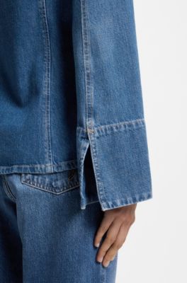 Slim-fit blouse in rigid crosshatch denim, Blue