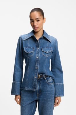 Slim-fit blouse in rigid crosshatch denim, Blue