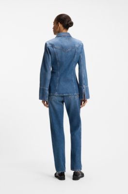 Slim-fit-blus i styv crosshatch-denim, Bl&aring;