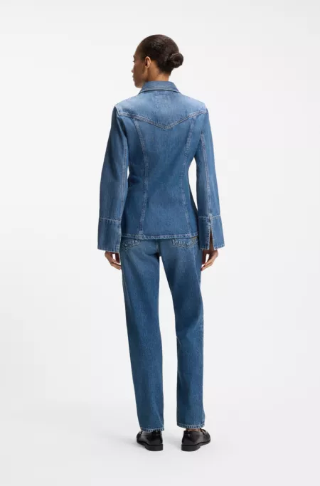 Slim-fit blouse in rigid crosshatch denim