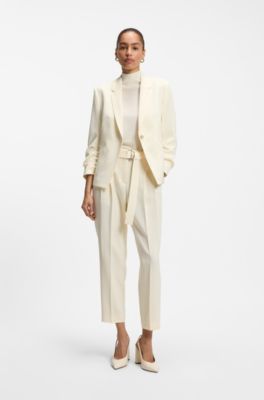 Blazer slim fit in cr&ecirc;pe giapponese con maniche arricciate, Giallo chiaro
