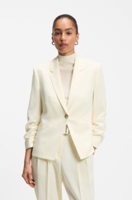 Slim-Fit Blazer aus japanischem Krepp mit gerafften &Auml;rmeln, Hellbeige