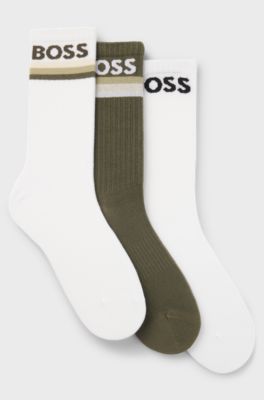 Lot de trois paires de chaussettes courtes en bambou m&eacute;lang&eacute; avec logos, Blanc / Vert