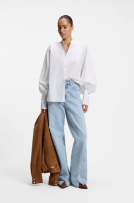 Camicia regular fit in popeline di cotone con maniche a kimono, Bianco