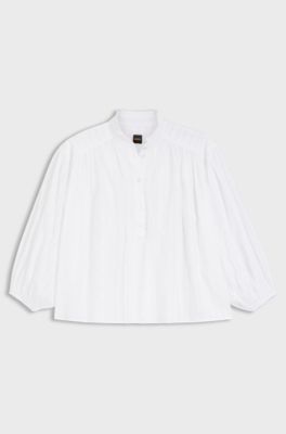 Camicetta relaxed fit in cotone con maniche a palloncino, Bianco