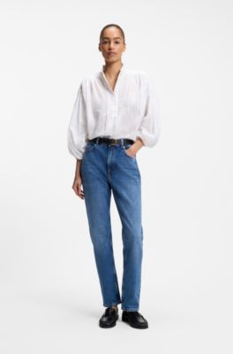 Camicetta relaxed fit in cotone con maniche a palloncino, Bianco
