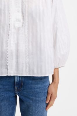 Camicetta relaxed fit in cotone con maniche a palloncino, Bianco