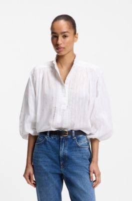 Relaxed-fit cotton blouse with balloon sleeves, White