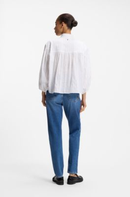Relaxed-fit cotton blouse with balloon sleeves, White