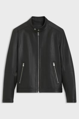 Grained-leather jacket with logo trims, Black