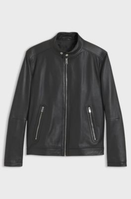 Grained-leather jacket with logo trims, Black
