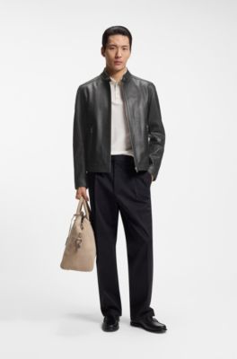 Grained-leather jacket with logo trims, Black