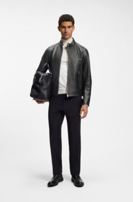 Grained-leather jacket with logo trims, Black