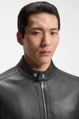 Grained-leather jacket with logo trims, Black