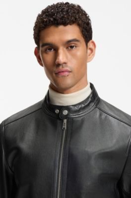 Grained-leather jacket with logo trims, Black