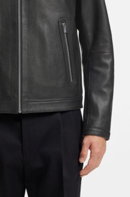 Cazadora de piel granulada con detalles de logo, Negro