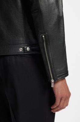 Grained-leather jacket with logo trims, Black