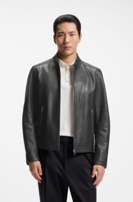 Grained-leather jacket with logo trims, Black