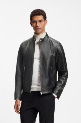 Grained-leather jacket with logo trims, Black
