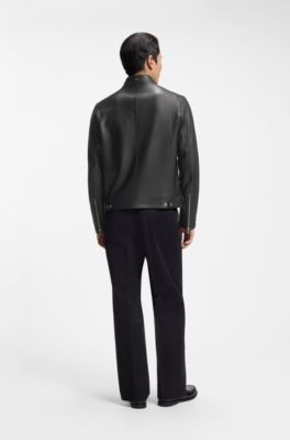 Grained-leather jacket with logo trims, Black