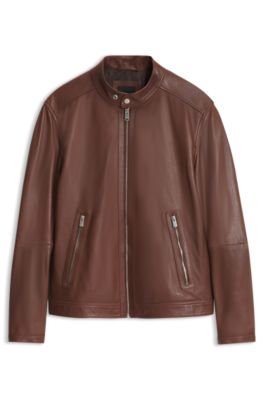 Grained-leather jacket with logo trims, Brown