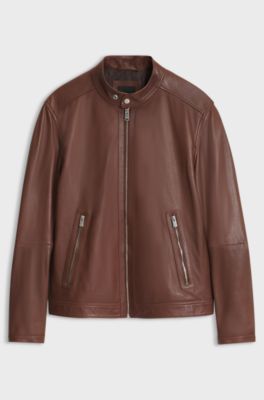 Grained-leather jacket with logo trims, Brown
