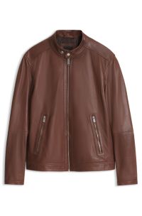 Grained-leather jacket with logo trims, Brown