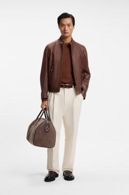 Grained-leather jacket with logo trims, Brown