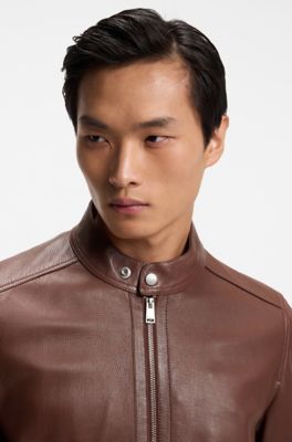 Grained-leather jacket with logo trims, Brown