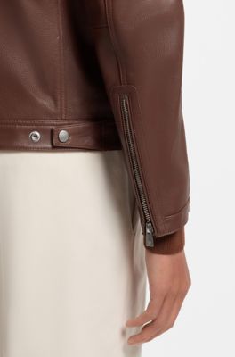 Grained-leather jacket with logo trims, Brown
