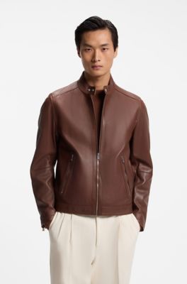 Grained-leather jacket with logo trims, Brown
