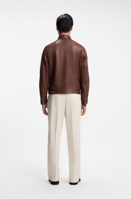 Grained-leather jacket with logo trims, Brown