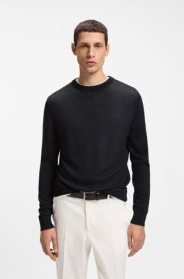 Mixed-structure sweater in a virgin-wool blend, Dark Blue