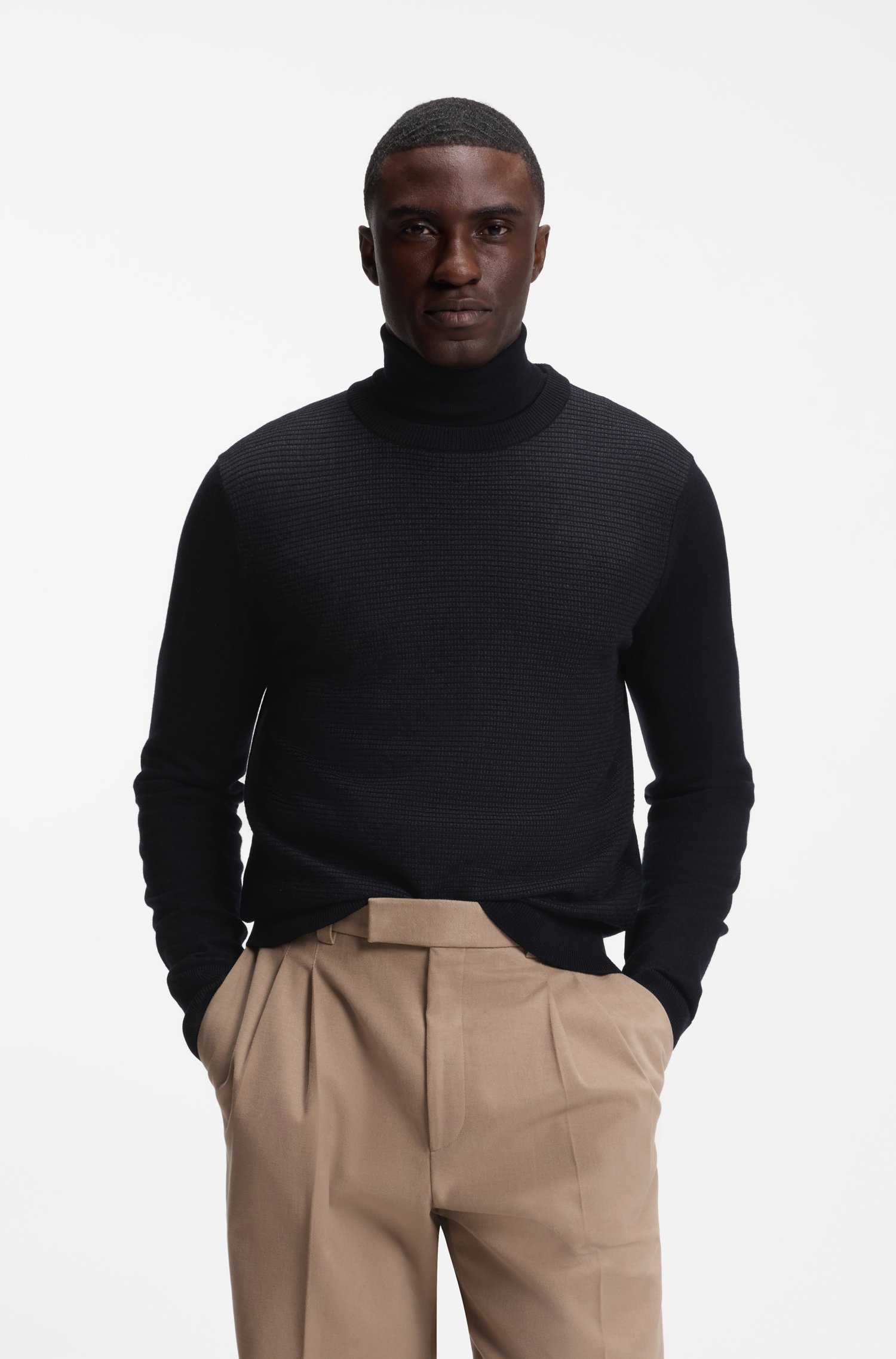 Boss Mixed-structure sweater in a virgin-wool blend stickade tröjor herr