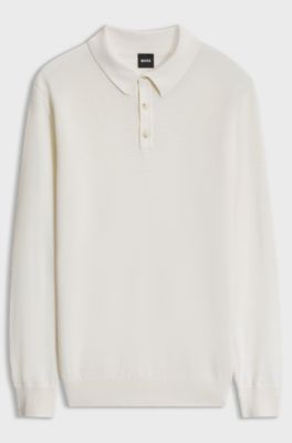 Mixed-structure knit polo in a wool blend, Natural