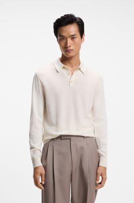 Mixed-structure knit polo in a wool blend, Natural