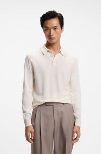 Mixed-structure knit polo in a wool blend, Natural