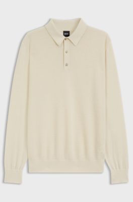 Polo en maille de laine m&eacute;lang&eacute;e avec diff&eacute;rentes structures, Naturel