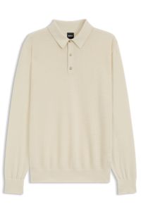 Mixed-structure knit polo in a wool blend, Natural