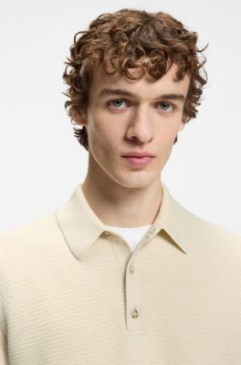 Polo en maille de laine m&eacute;lang&eacute;e avec diff&eacute;rentes structures, Naturel