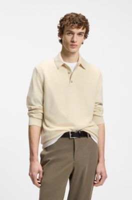 Mixed-structure knit polo in a wool blend, Natural