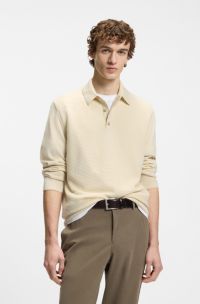 Gebreide polo van een wolmix met verschillende structuren, Naturel
