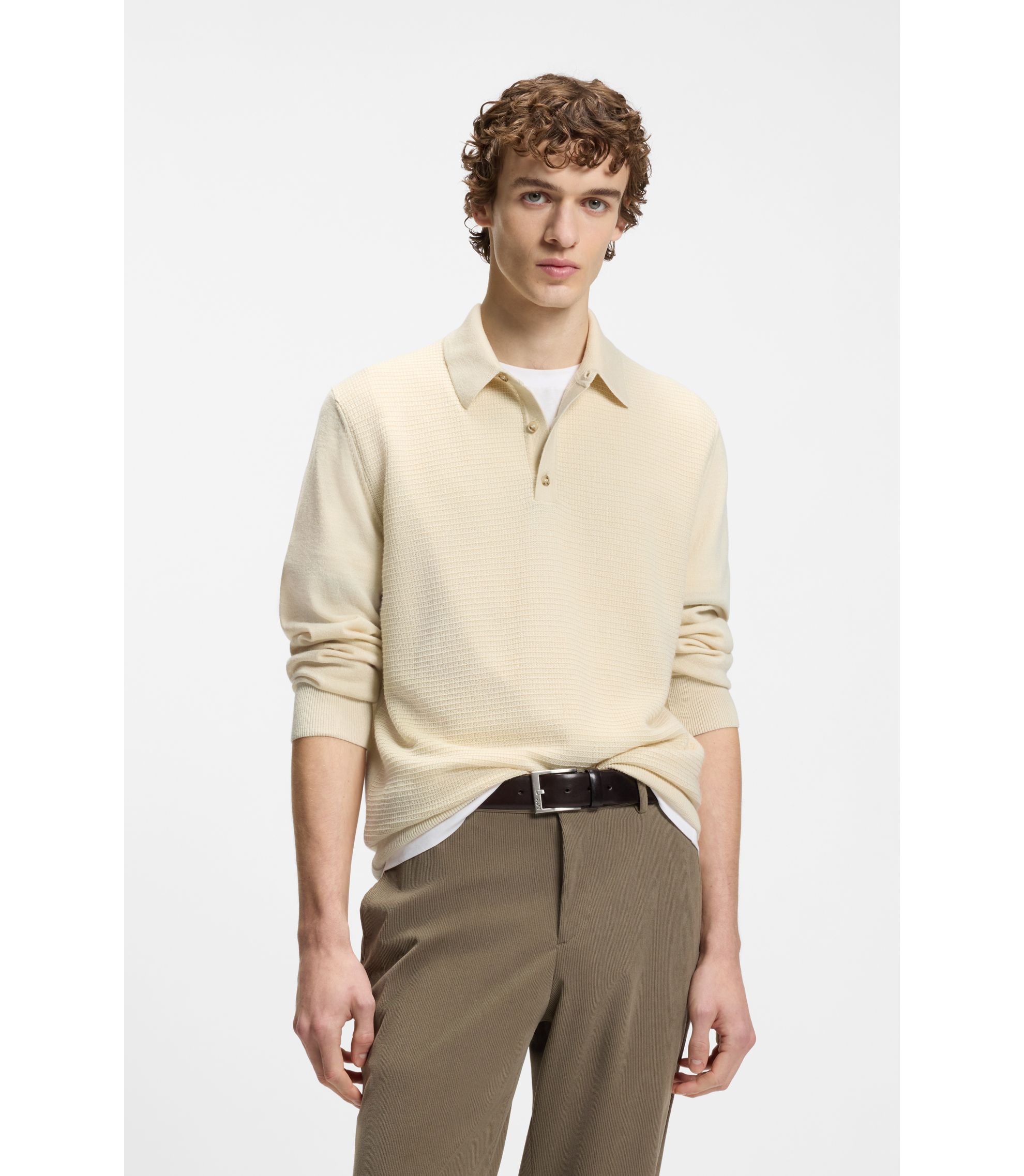 Strick-Poloshirt aus Woll-Mix mit verschiedenen Strukturen