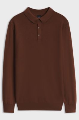 Mixed-structure knit polo in a wool blend, Brown
